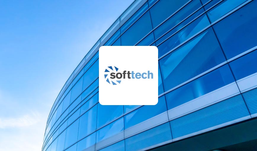 Modern building with a Softtech logo.