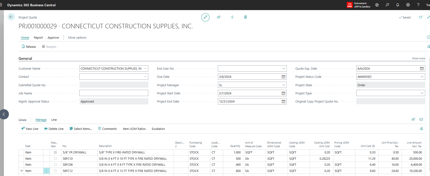 Microsoft Dynamics 365 Business Central project quote screen showing a quote for Connecticut Construction Supplies, Inc. Includes general project details like dates, status, manager, and a breakdown of item lines with quantities, costs, and pricing for various drywall products.