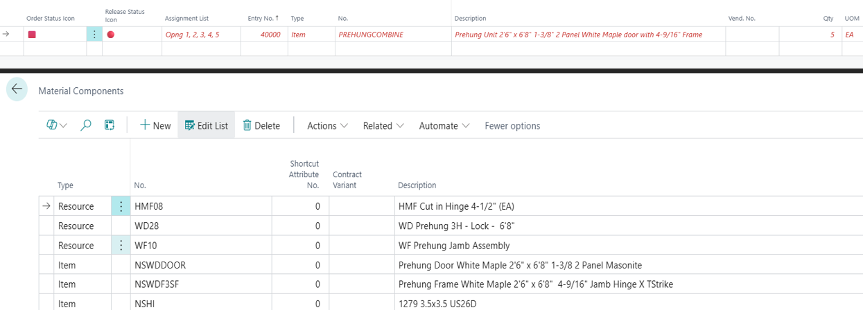 Pop-up window titled “Create Line and Move to Comps.” Includes fields to enter item number, building, floor, and opening details for a prehung door. Background shows order details with item numbers and descriptions for door components.