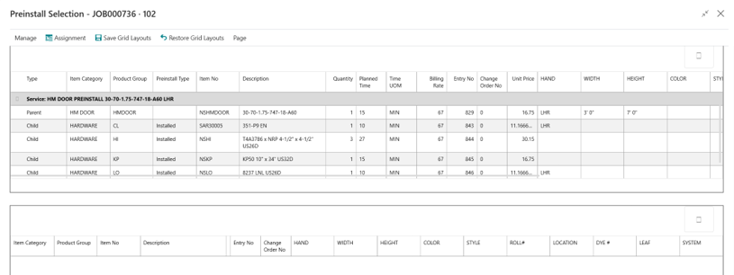 Pre-installation selection screen for job number JOB00736 displaying a parent hardware item and associated child hardware components. Includes item types, descriptions, quantities, planned times, and dimensions like width and height.