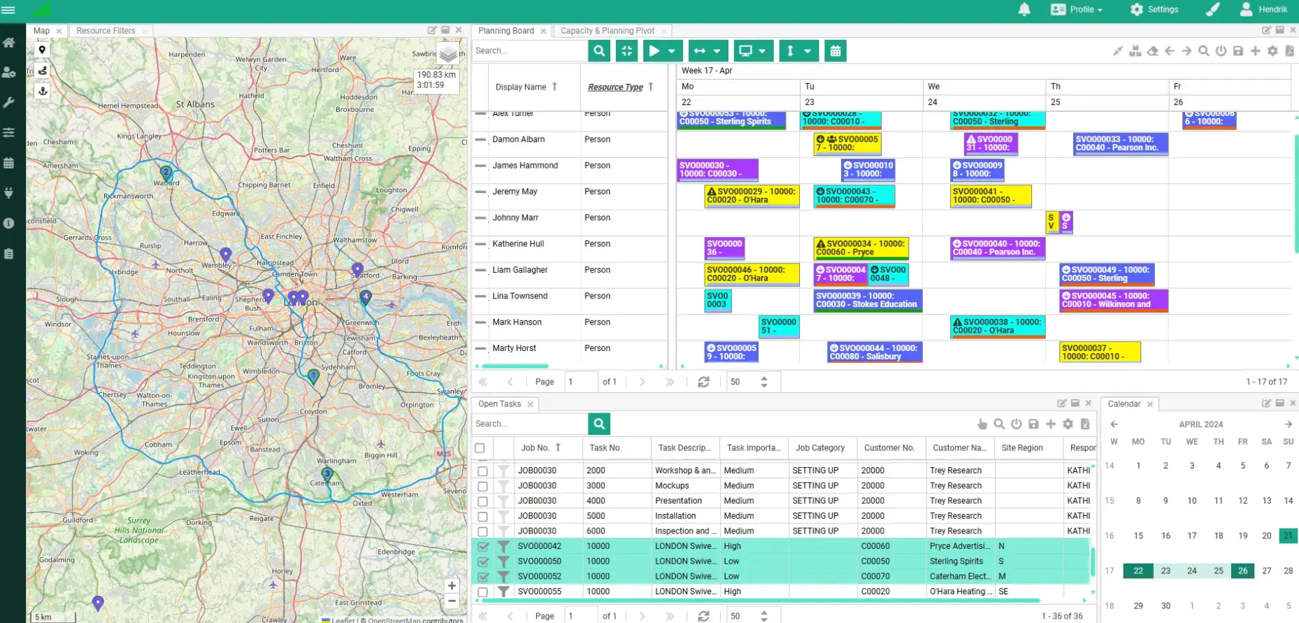 Interactive scheduling interface showing a resource planning board with a map on the left and a color-coded task calendar on the right. Includes a list of personnel, scheduled jobs, task details, and job locations across Greater London.