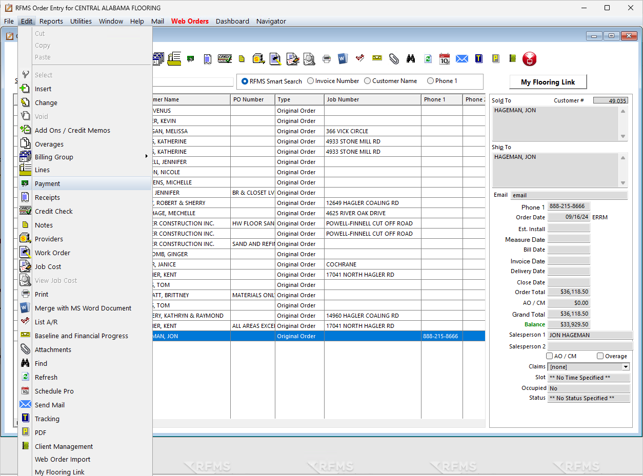 RFMS payment entry screen showing customer payment information, allowing the user to enter or update payment amounts, choose a payment method, and process a payment.