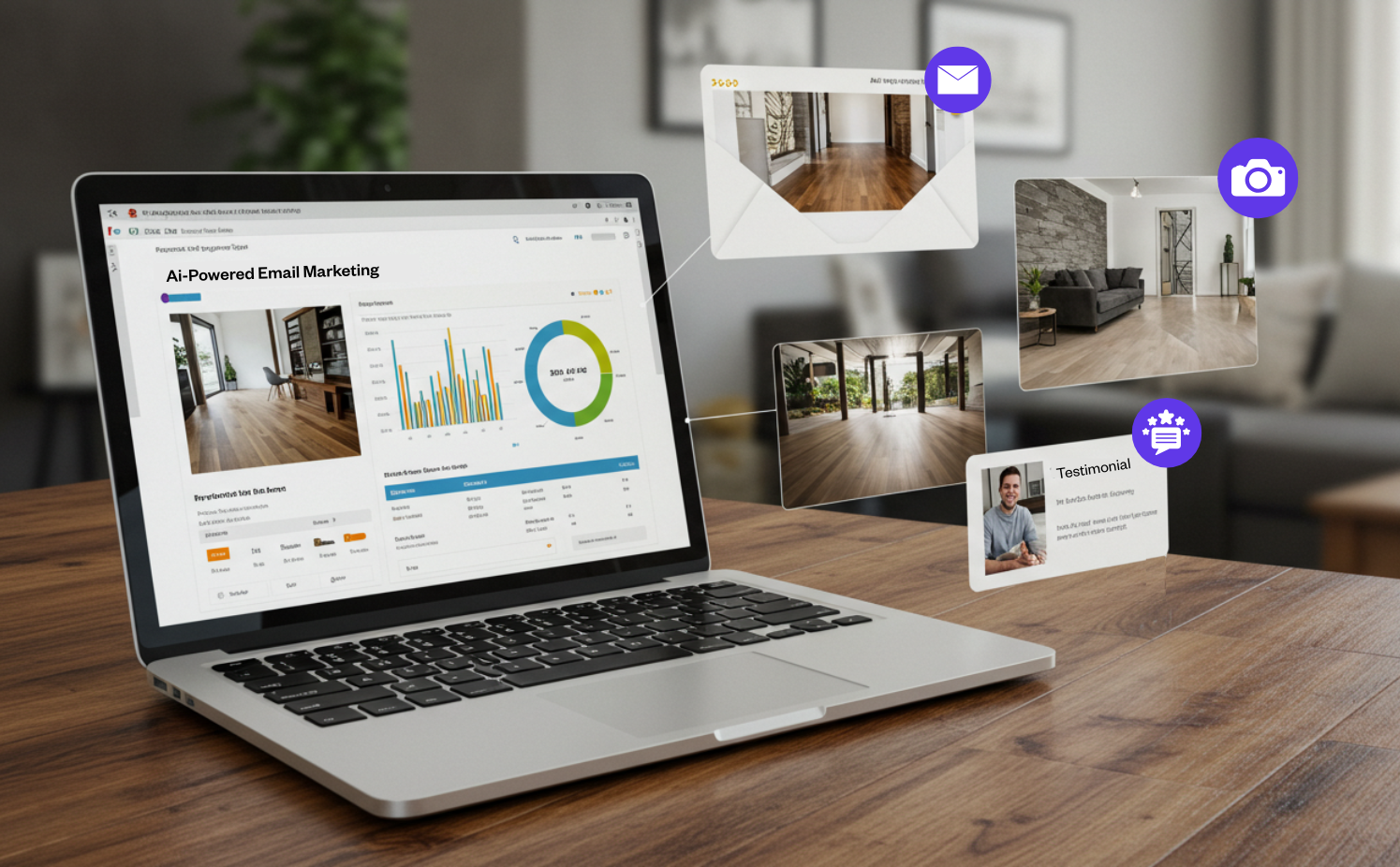 Laptop displaying AI-powered email marketing dashboard with performance analytics and surrounding floating graphics representing email campaigns, photos, and testimonials.