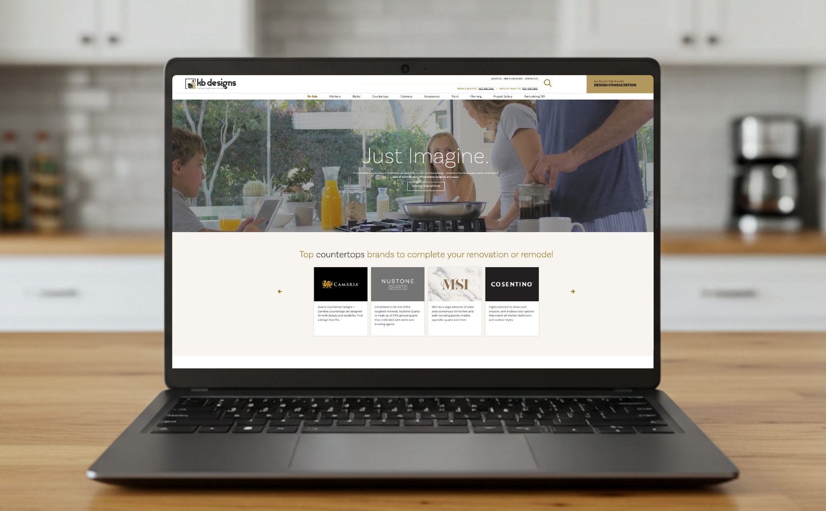 Homepage of KB Designs highlighting countertop brand partners such as Cambria, Nustone, MSI, and Cosentino.
