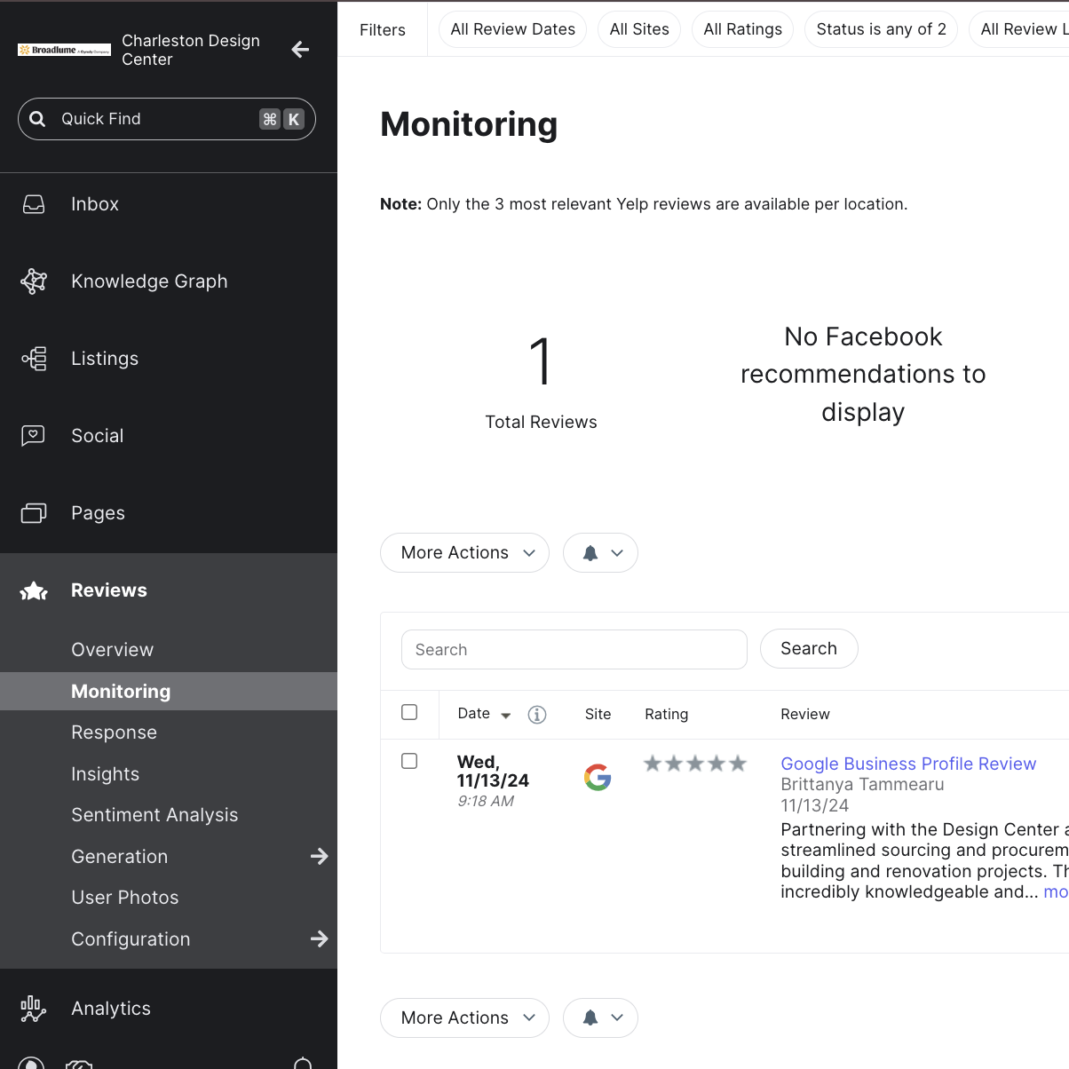 Dashboard monitoring online reviews for Charleston Design Center, showing 1 Google review with a 5-star average rating.