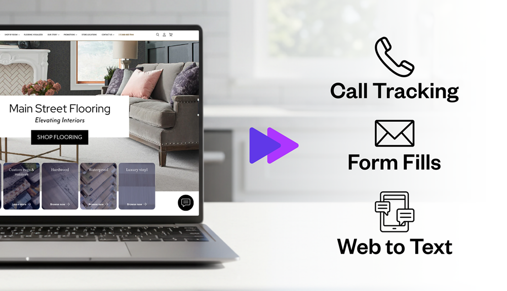 Laptop displaying a flooring retailer’s homepage with icons on the side highlighting digital lead generation features including call tracking, form fills, and web-to-text.