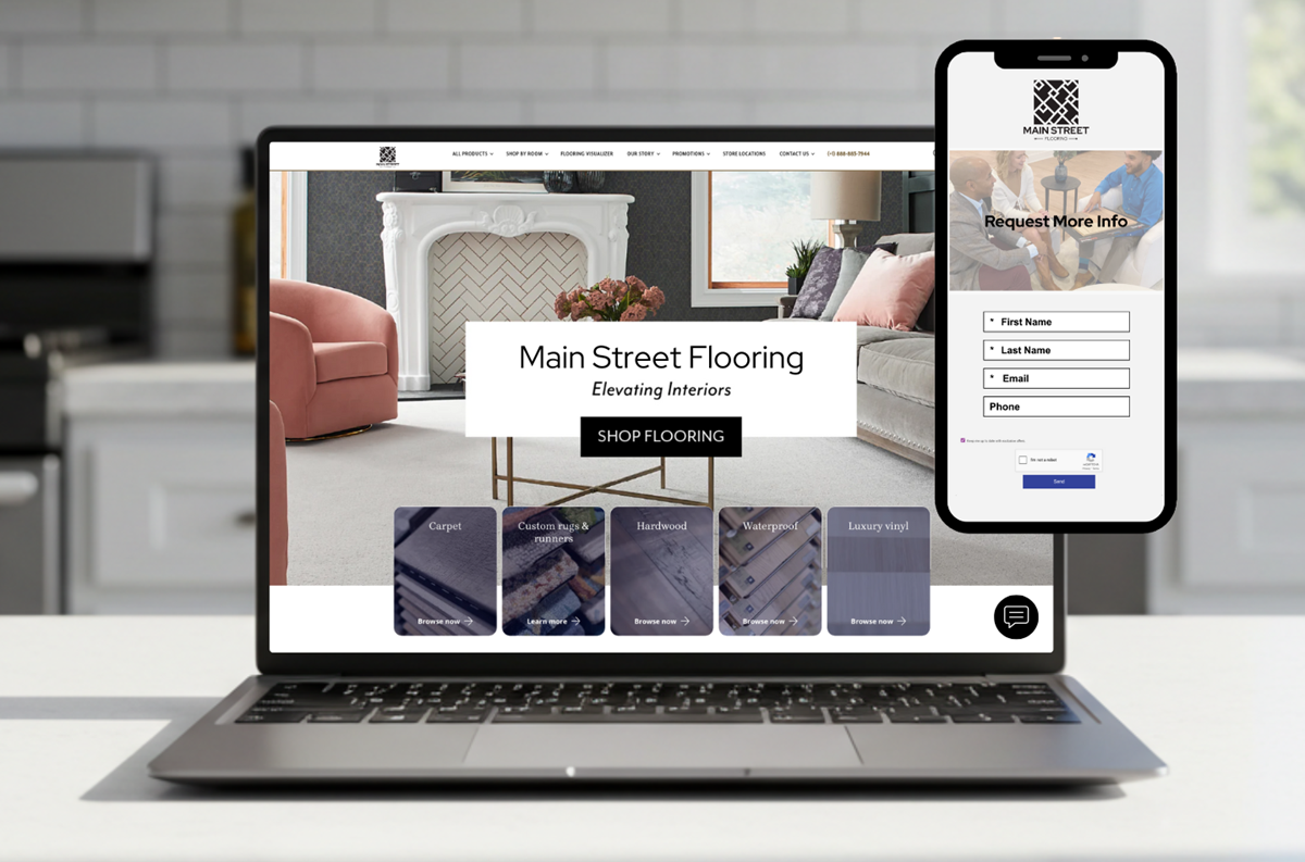 Laptop and smartphone side-by-side showing a flooring retailer’s homepage and mobile lead capture form, emphasizing omnichannel customer engagement.