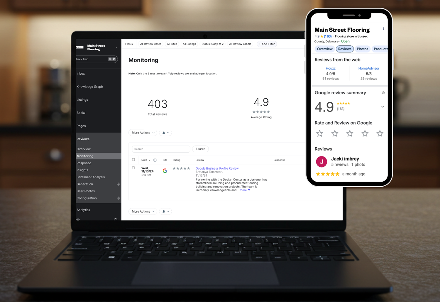 Laptop and smartphone screens showing a reputation monitoring dashboard and a Google review summary for a flooring retailer with high ratings.