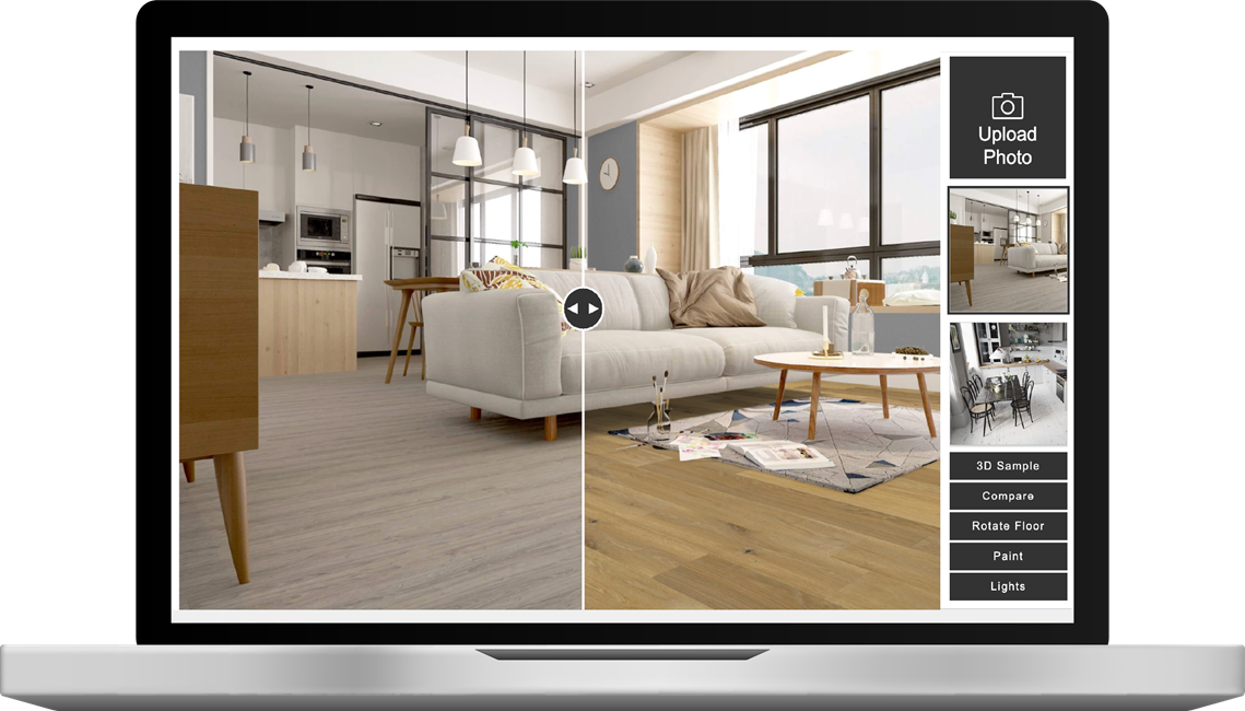 Laptop screen displaying a split-view room visualizer tool, comparing different flooring options in a digitally rendered living room with customization controls.