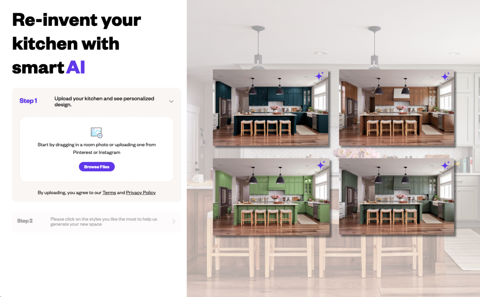 Interface showing AI-powered kitchen design inspiration, with a photo upload tool and multiple style options for remodeling.