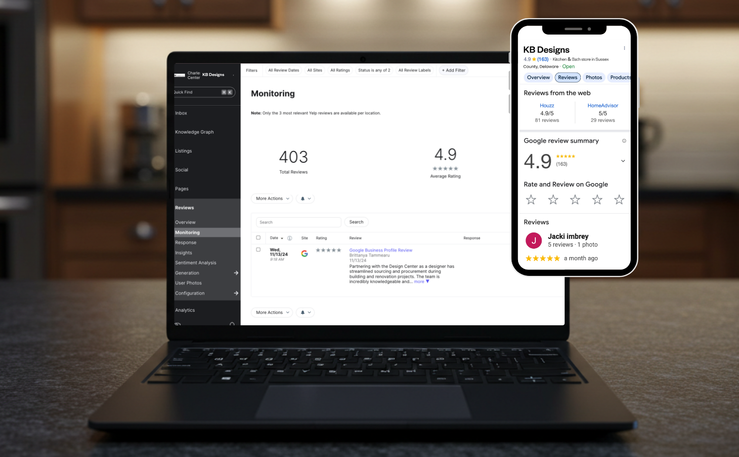 Laptop and smartphone showing reputation management dashboard and Google reviews summary for KB Designs.