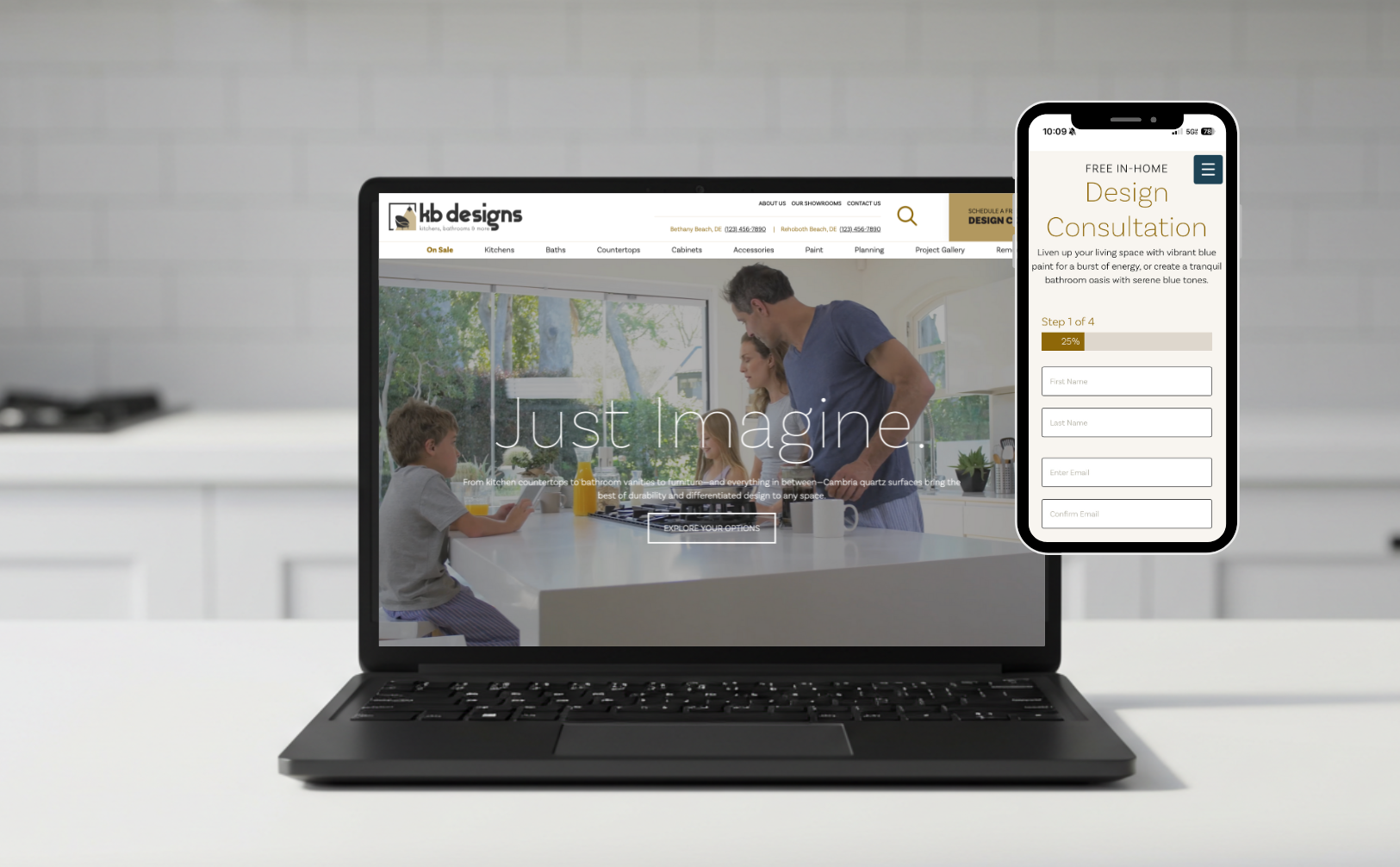Laptop and smartphone showing KB Designs free in-home design consultation form for lead generation.