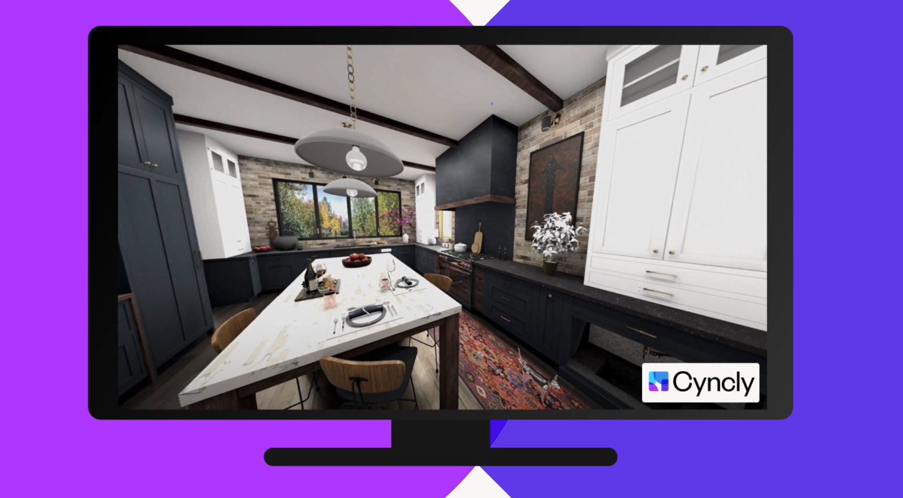 Screenshot displaying a computer monitor with a floor plan and various views in a kitchen design software. The text on the right side reads "Names views and floor plans," highlighting the capability of the software to manage detailed views and layouts.