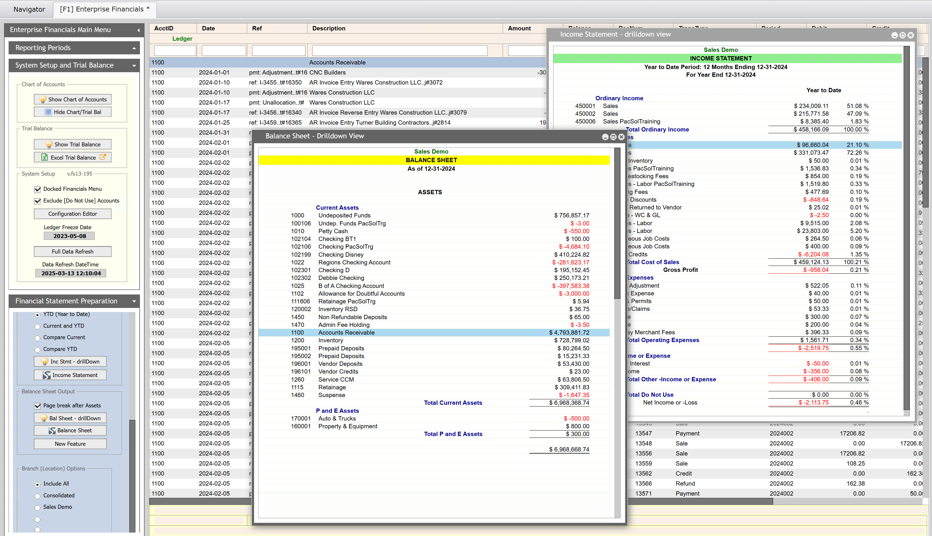 A JobRunner enterprise financials dashboard displaying multiple financial statements with drill-down views, including balance sheet and income statement details.