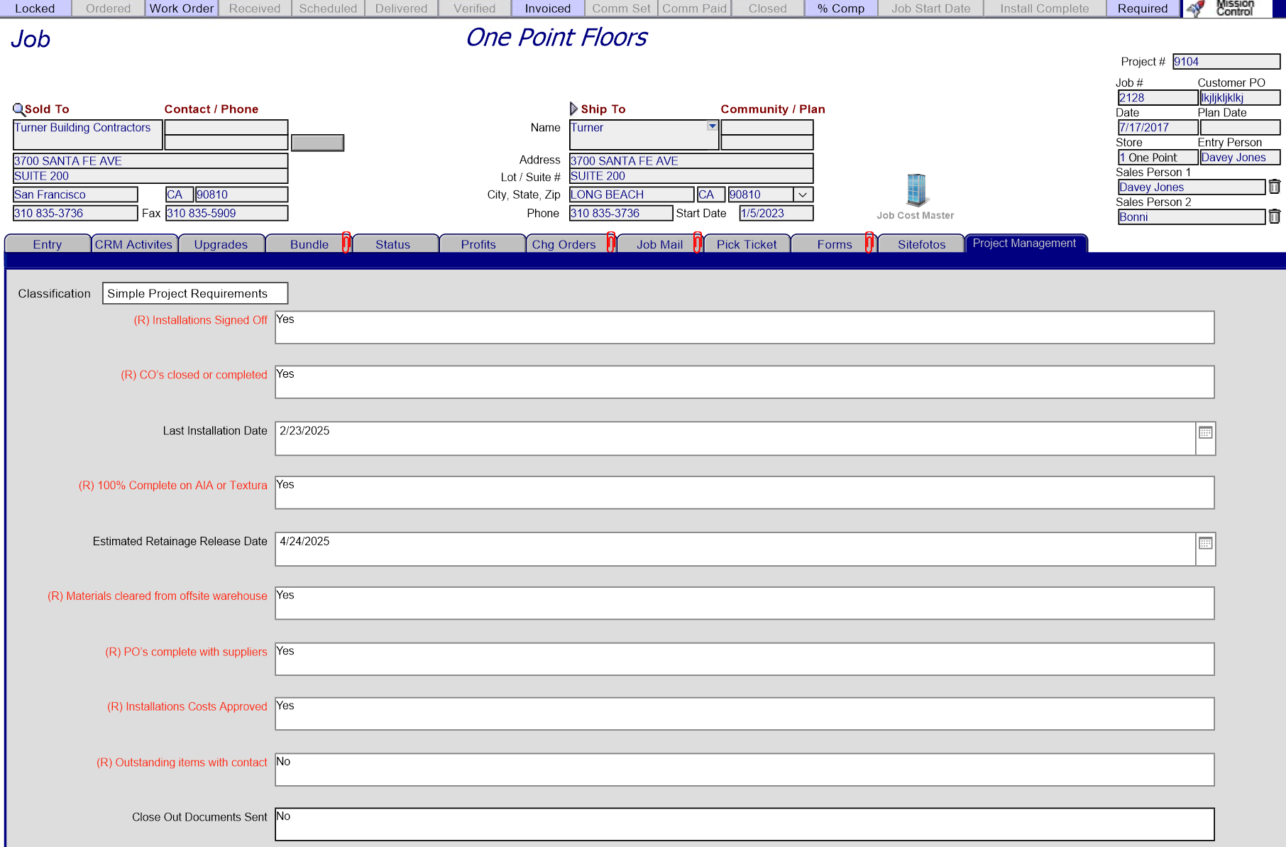 A JobRunner project management interface showing a custom project checklist with requirements such as installation sign-offs, supplier purchase order completion, and outstanding items.