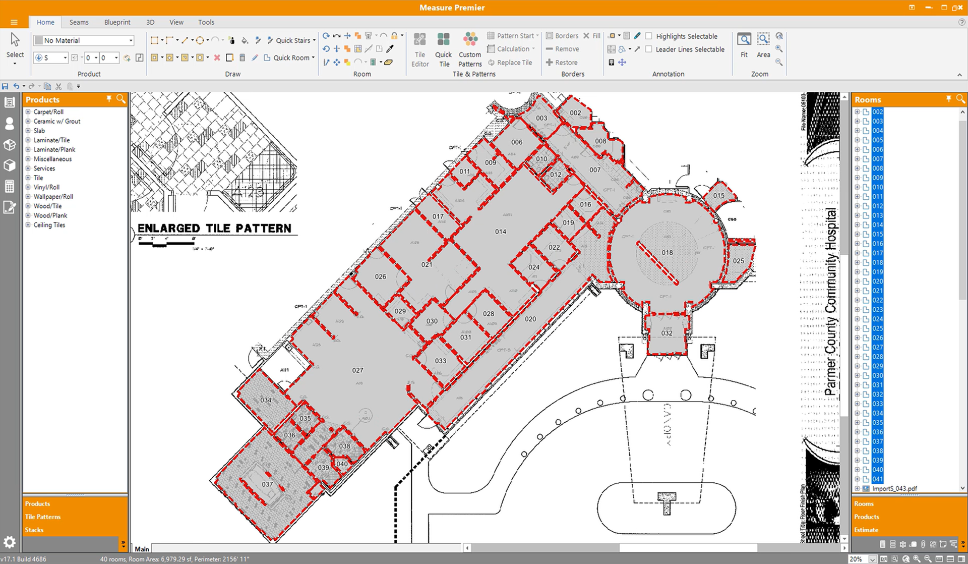 Measure Premier screenshot with rooms shaded and labeled using AI takeoff features on a tilted floorplan.