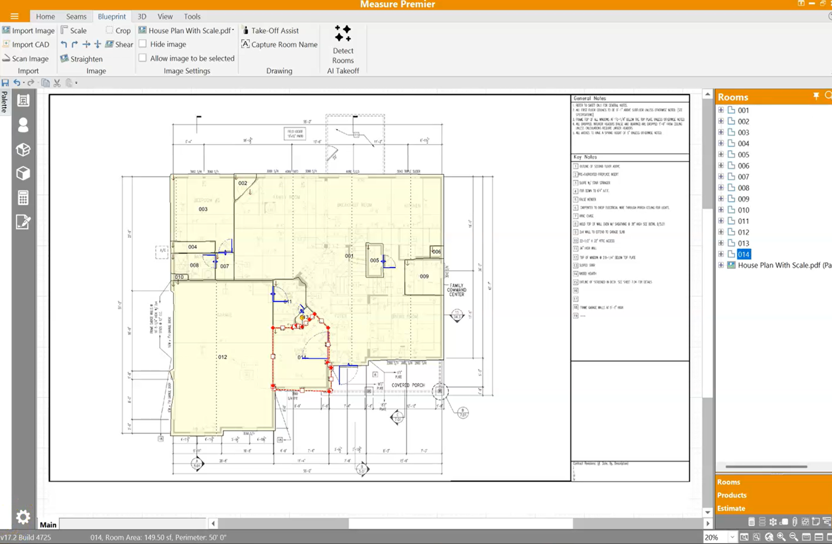 Measure Premier showing fully drawn and labeled rooms on a residential blueprint, room list visible on the right.