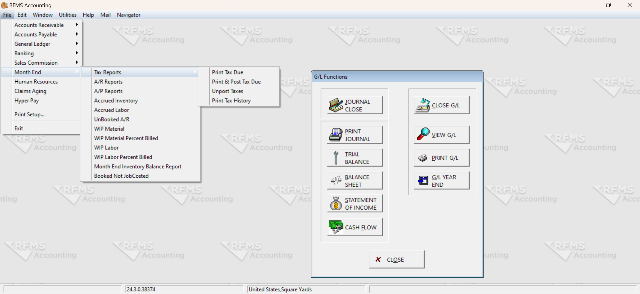 RFMS Core Accounting module displaying month-end processes, including options for tax reports, accounts receivable and payable reports, journal entries, and financial summaries, alongside the general ledger (G/L) functions panel.