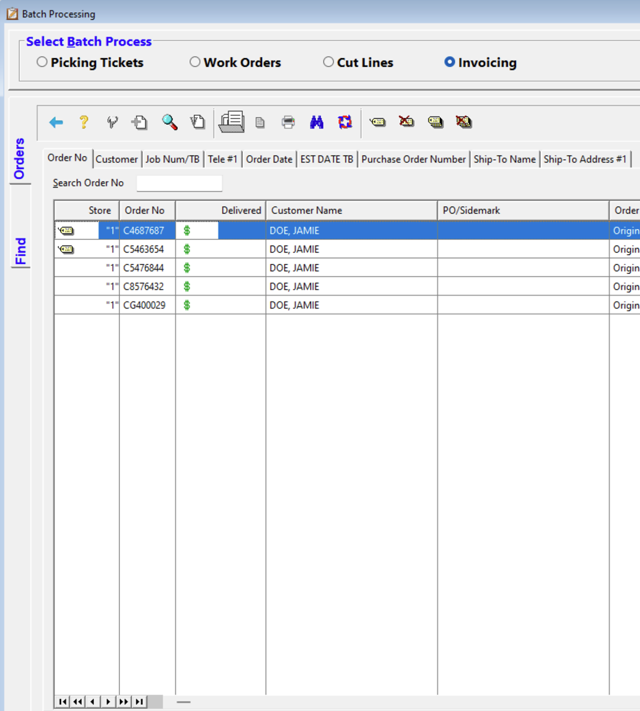 RFMS Core ERP batch processing screen with invoicing tasks. It shows customer orders, PO numbers, and sidemarks for batch processing, alongside detailed customer contact information.