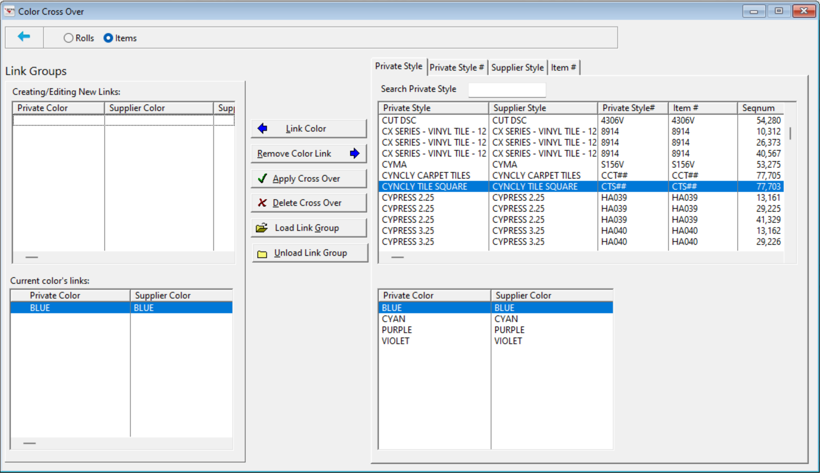 RFMS private labeling screen showing color cross-over functionality, with links between private and supplier styles for a tile product. Users can apply or remove cross-over links for multiple private and supplier items.