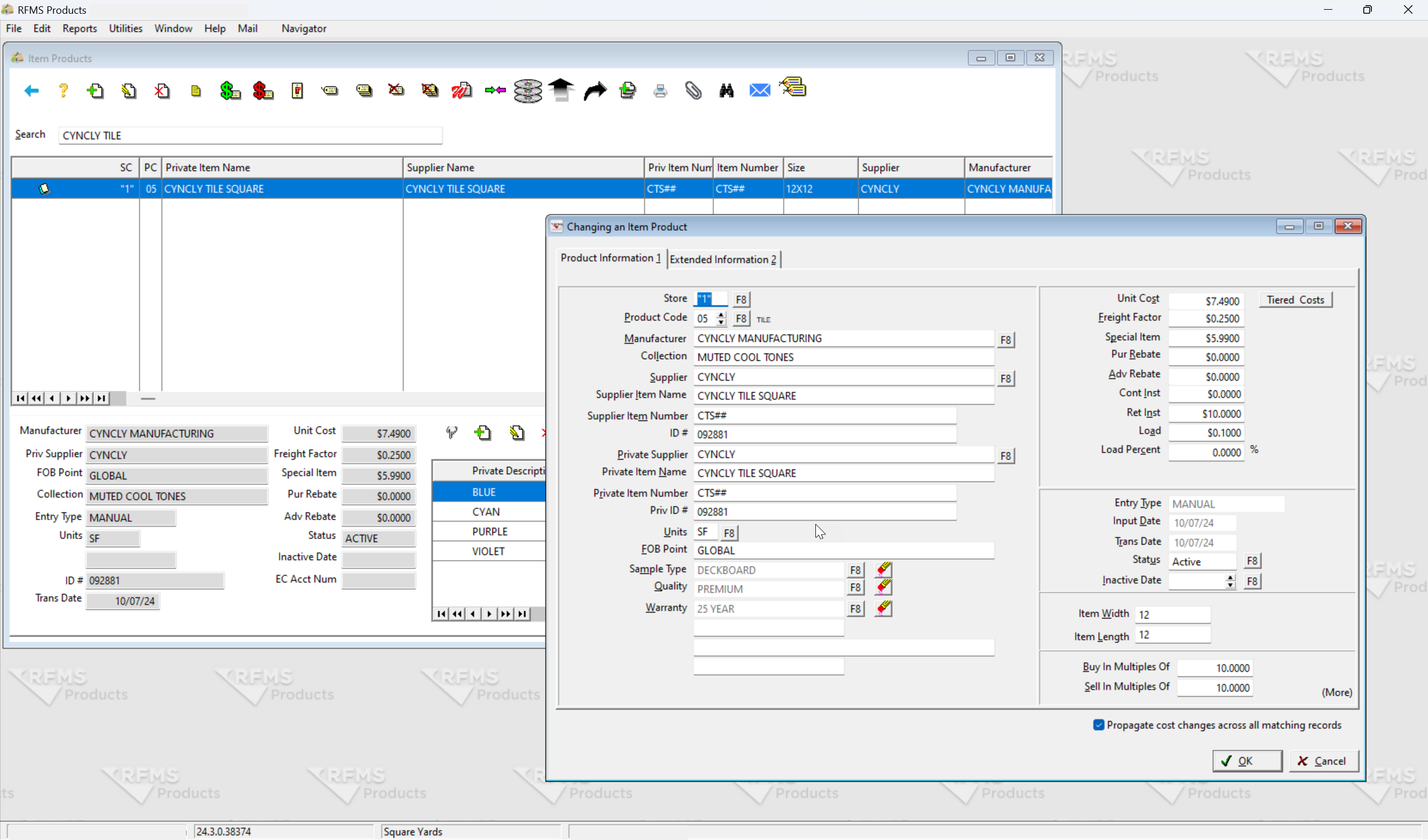 RFMS Core Product Management screen showing detailed information for a private labeled tile product. Users can view and update product dimensions, cost, freight factors, and warranties alongside linked supplier details.