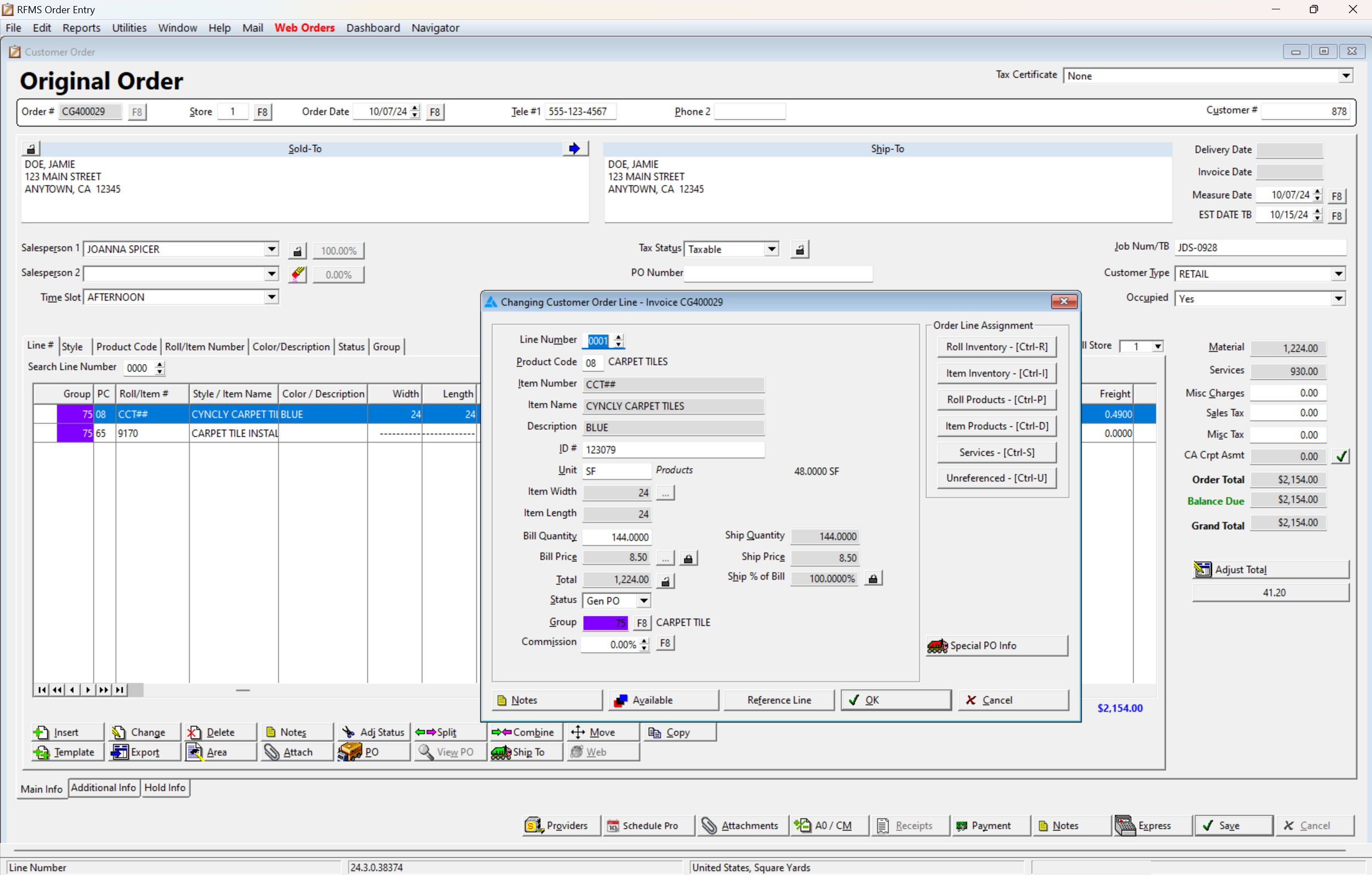 RFMS Quoting and Order Management module displaying an original order entry screen. Users can view and edit line items, including product details, quantities, and pricing, with assignment options for different job tasks and shipments.