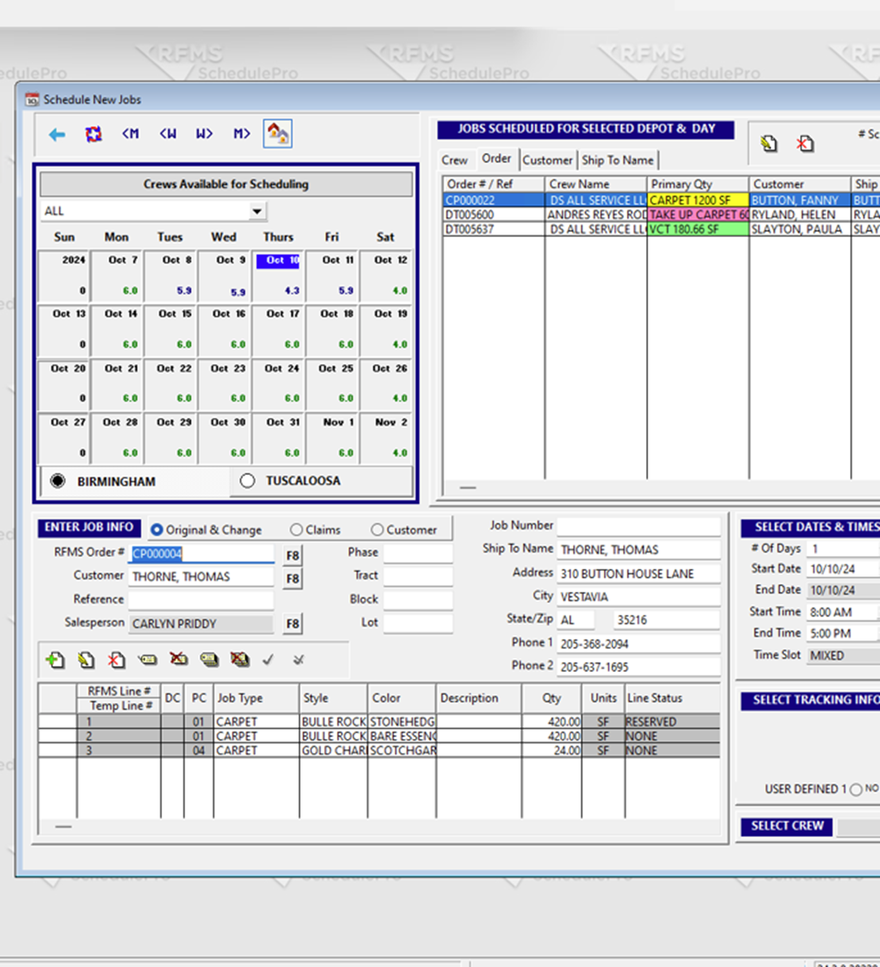 RFMS Schedule Pro interface displaying a weekly grid of scheduled jobs for various crews, with customer details, job locations, and scheduled times. The right panel allows users to assign crews and track job progress.
